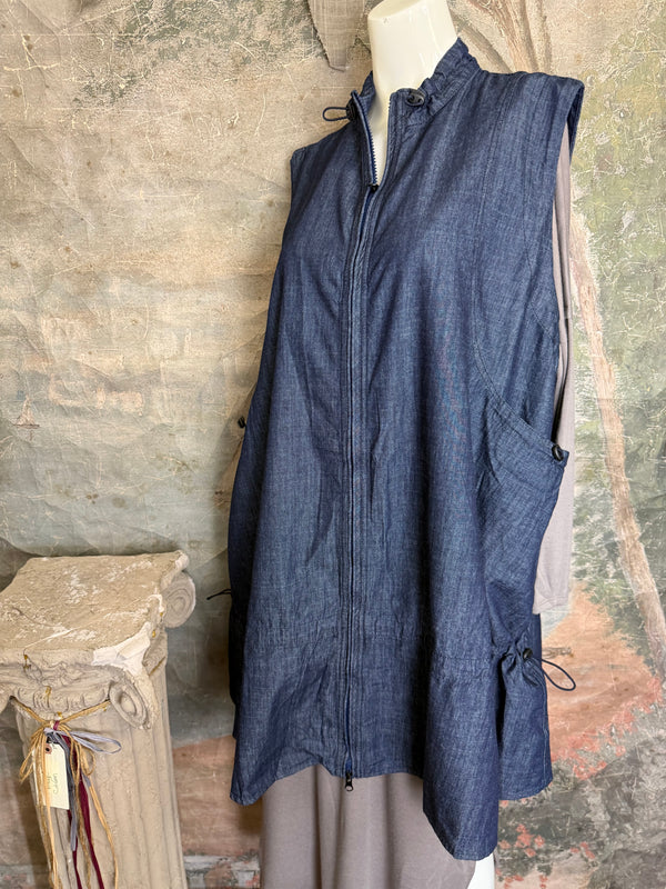 Long denim zip-front sleeveless vest with drawstring hem displayed on mannequin, boutique Merritt style - 5