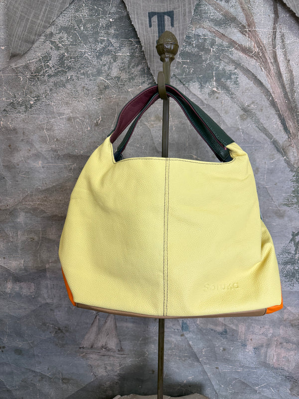 Soruka Agatha navy blue recycled leather crossbody bag with burgundy handle and orange lining, Barcelona handcrafted - 16