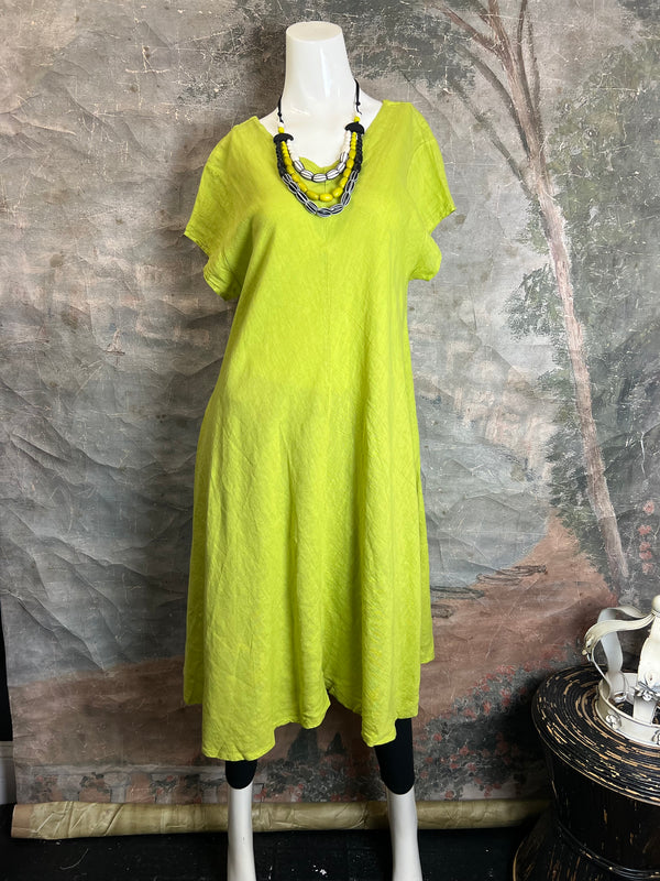 30638 Linen V-neck Flare Dress-Moss Green