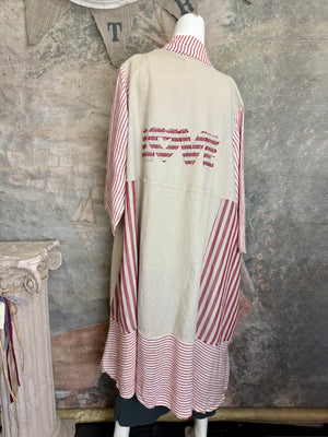 Magnolia Pearl linen duster with red stripe panels and LOVE appliqué on back, bohemian oversized fit - 1