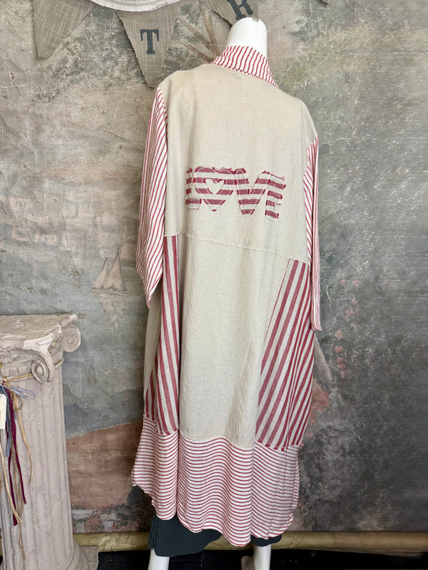 Magnolia Pearl linen duster with red stripe panels and LOVE appliqué on back, bohemian oversized fit - 1