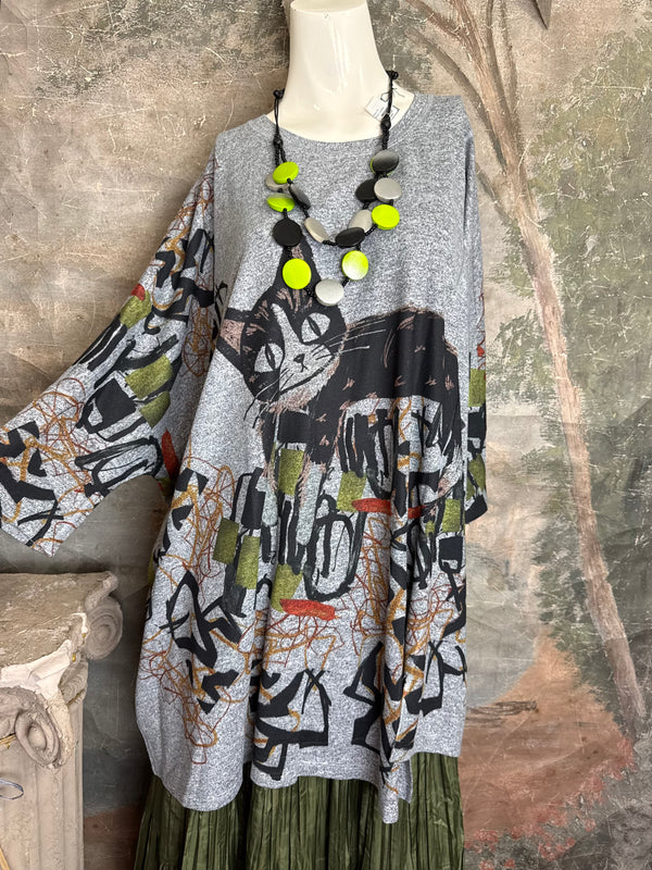 Oversized gray cat print crew pullover tunic with abstract art design on mannequin, styled with olive skirt and neon nec - 6
