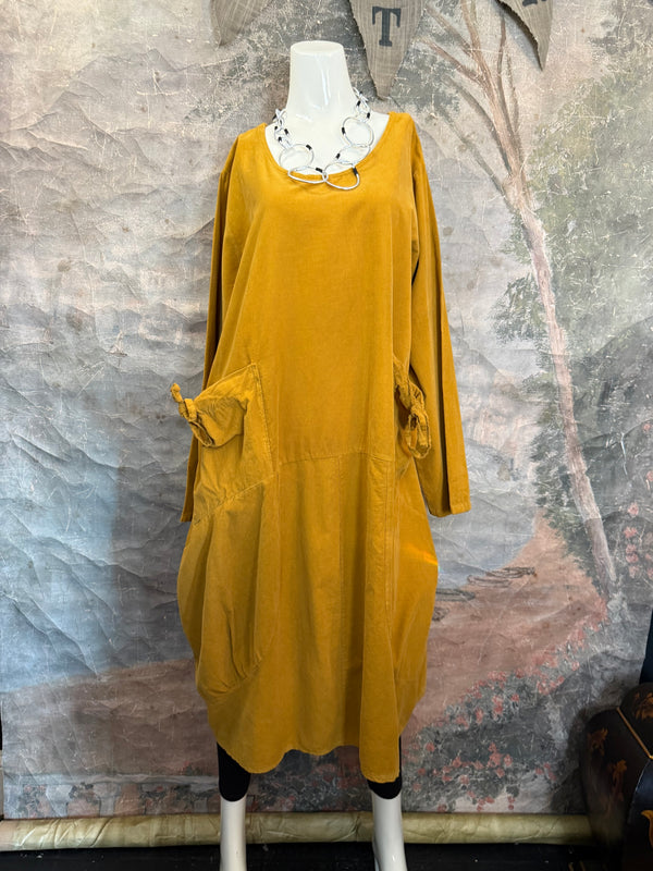 92003 Corduroy Pocket Dress-Mustard