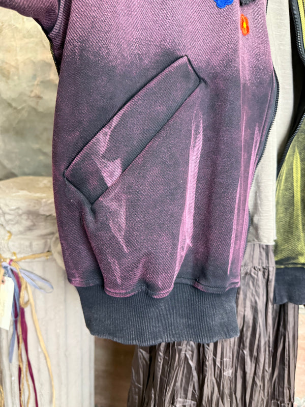 Sequin R&L patch bomber jacket in purple and yellow-green ombre with floral accents, styled with tiered maxi skirt - 15