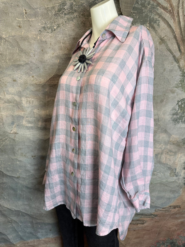 5021 Bettys Linen BF Bow Shirt-PINK/GREY BUFFALO PLAID