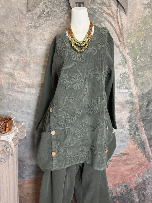 91983A-62 Buttoned Stitch Tunic-Olive