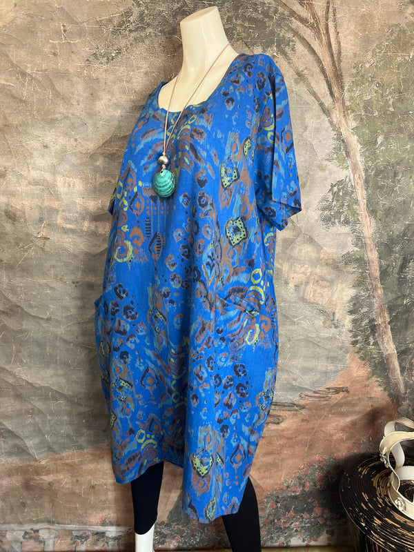 90847 Paint Splotch Print Dress-Blue
