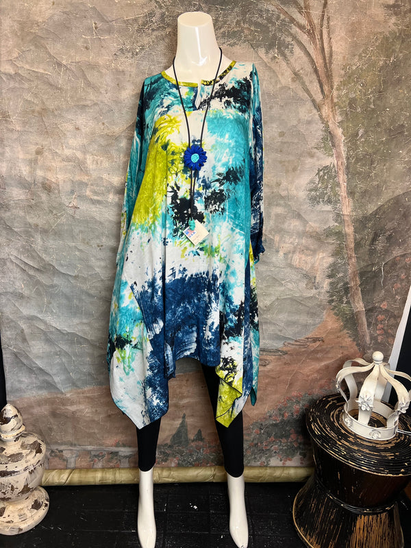 7063V Block Dyed Justly Top-TURQ MIX