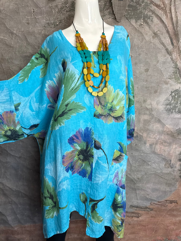 91225 Flower Garden Linen Top-Turq