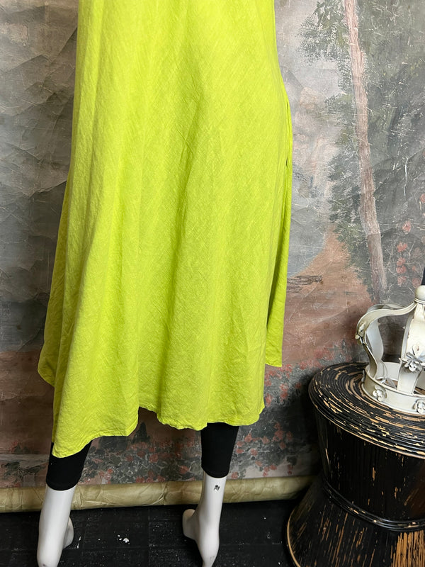 30638 Linen V-neck Flare Dress-Moss Green