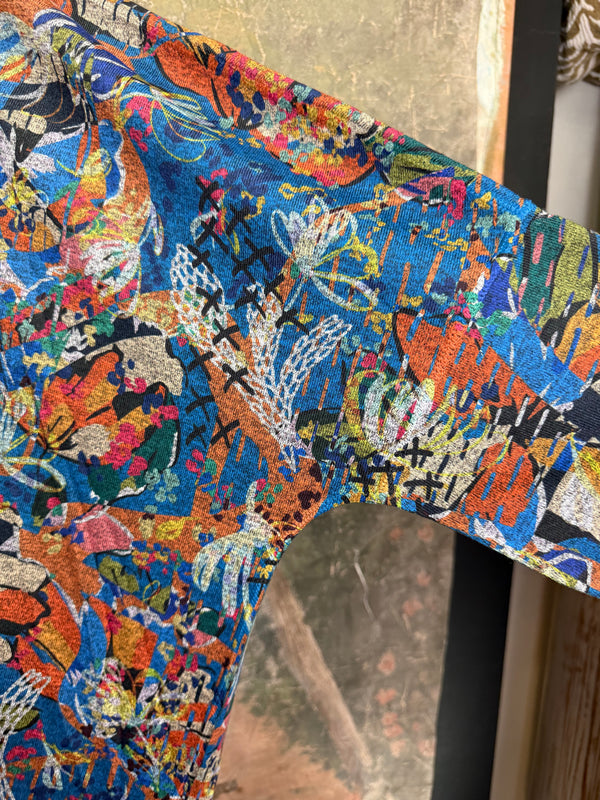 Oversized blue floral print crew pullover with orange and multicolor botanical pattern, long sleeves, relaxed fit - 5