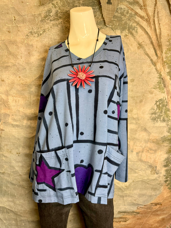 PA1807 Thea L/Slv PopArt Top-DENIM BLUE