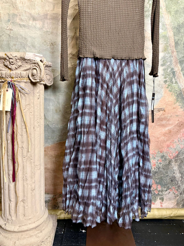 Olive green waffle knit turtleneck long sleeve fitted top displayed with chunky beaded statement necklace on hanger - 10