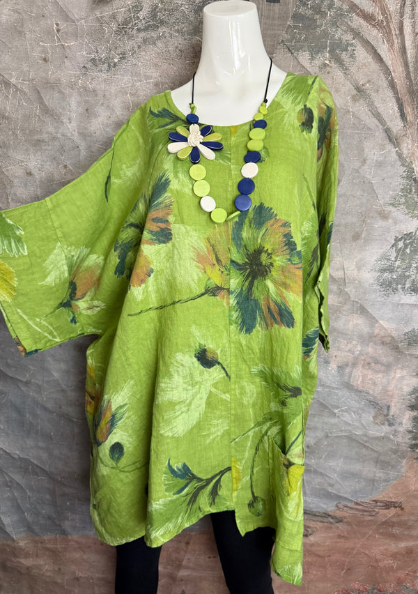 91225 Flower Garden Linen Top-Kiwi