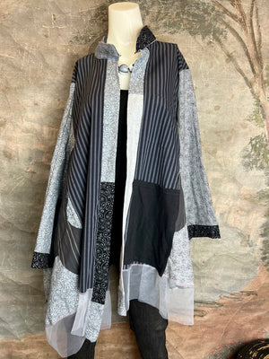 Handmade OOAK patchwork duster jacket black gray mixed fabric colorful loop closures artisan boutique wearable art - 3