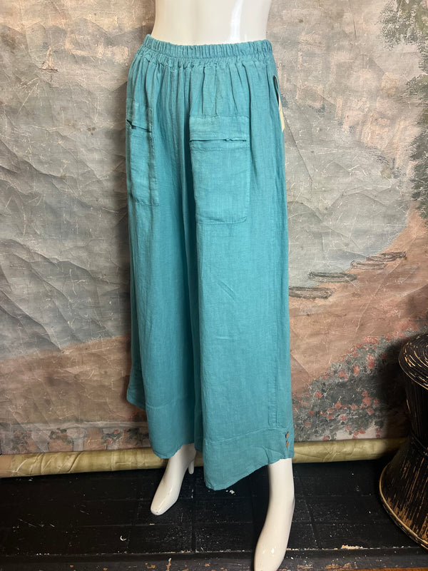 3248 Linen Button Detail Pants-Sea Blue