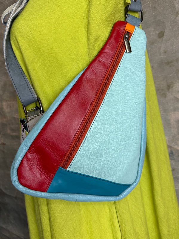 Soruka multicolor leather sling crossbody bag in light blue, red, and teal with orange zipper detail - 8