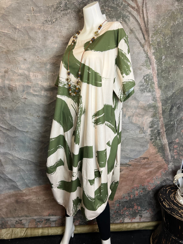 91907 ART Brush Stroke Dress-Olive