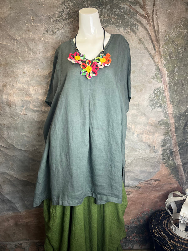 6039 O'Size Linen Pleated Tunic-Clay