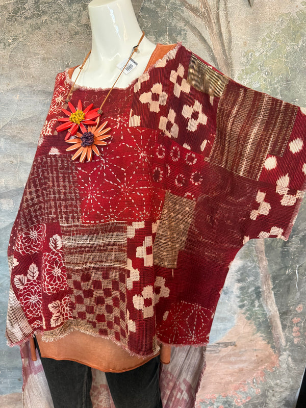 782 High Low Linen Tunic Top-Red/LOVE