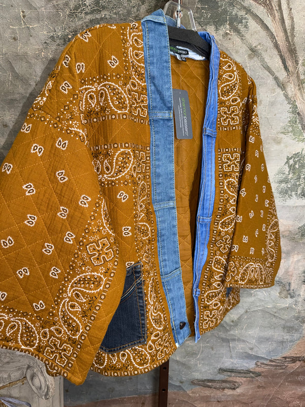 Shannon Passero golden brown quilted bandana print kimono jacket with denim trim and pockets, style 5889 KAI - 3