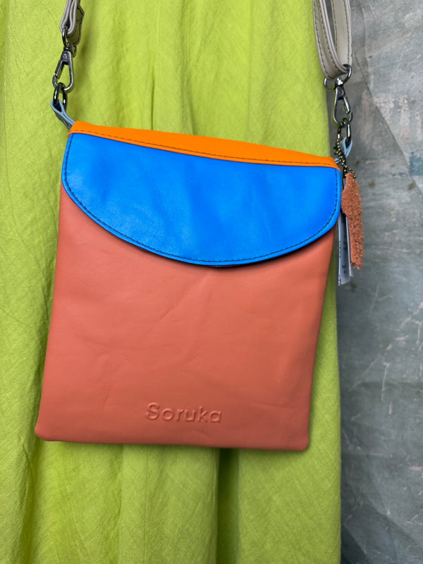 Soruka burgundy leather crossbody bag with orange trim and silver zipper, colorblock mini purse with chain strap - 10