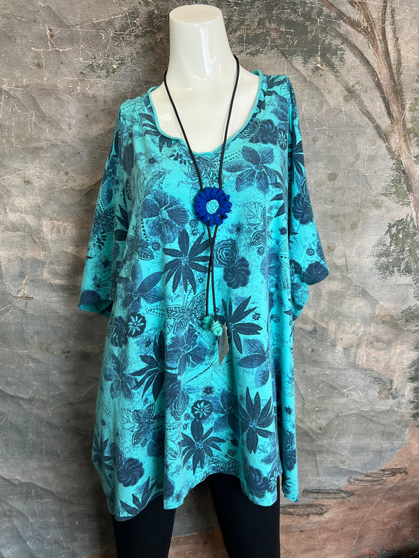 ID715 Floral Elbow Tunic Tshirt-Azure