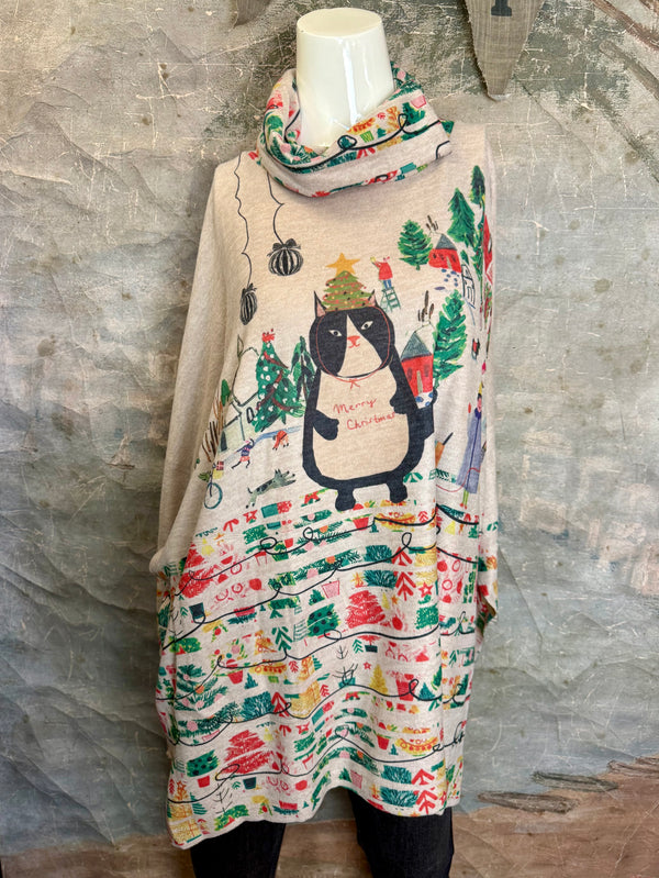 T1097 Cowlneck Dolman Slv Top-Howliday Greetings