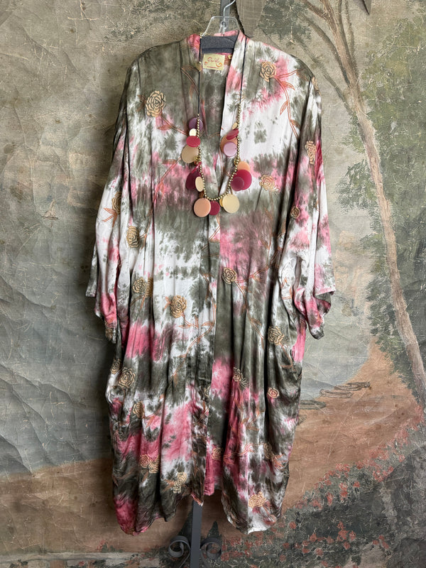 Tie-dye floral kimono duster in pink and olive with gold rose print, styled with colorful disc necklace - 6