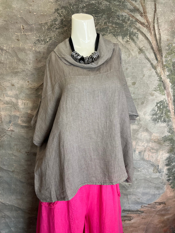 6250 Linen Cowl Neck Boxy Top-Taupe