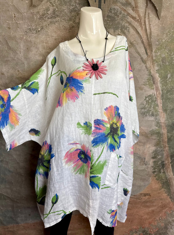 91225 Flower Garden Linen Top-White