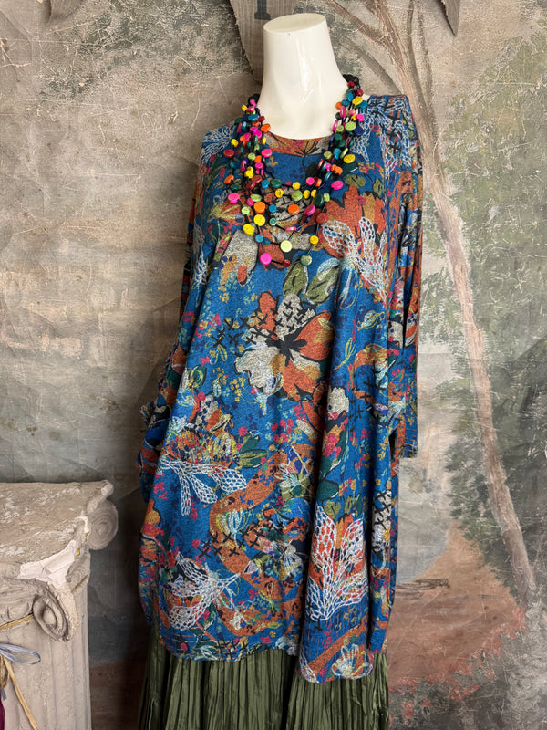 Oversized blue floral print crew pullover with orange and multicolor botanical pattern, long sleeves, relaxed fit - 9