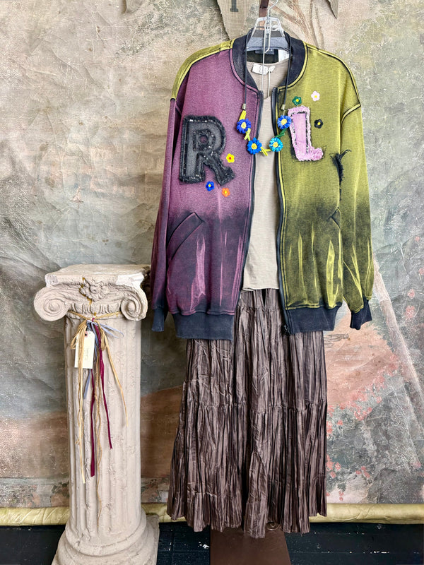 Sequin R&L patch bomber jacket in purple and yellow-green ombre with floral accents, styled with tiered maxi skirt - 1