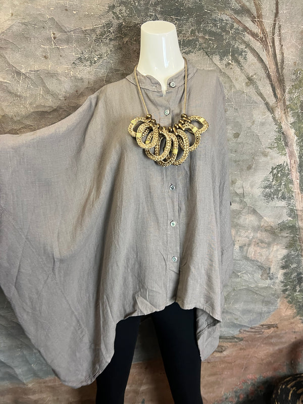 31163 Linen Mandarin Collar Top-Taupe