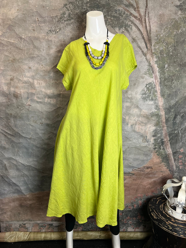 30638 Linen V-neck Flare Dress-Moss Green