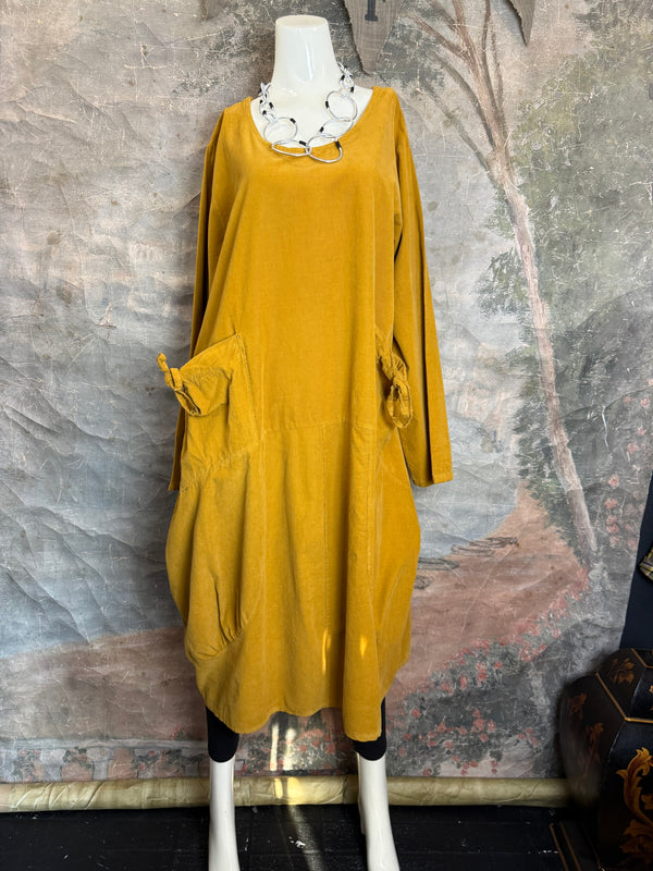92003 Corduroy Pocket Dress-Mustard
