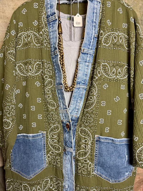 Olive bandana paisley print long kimono cardigan with light blue denim trim and front patch pockets - 9