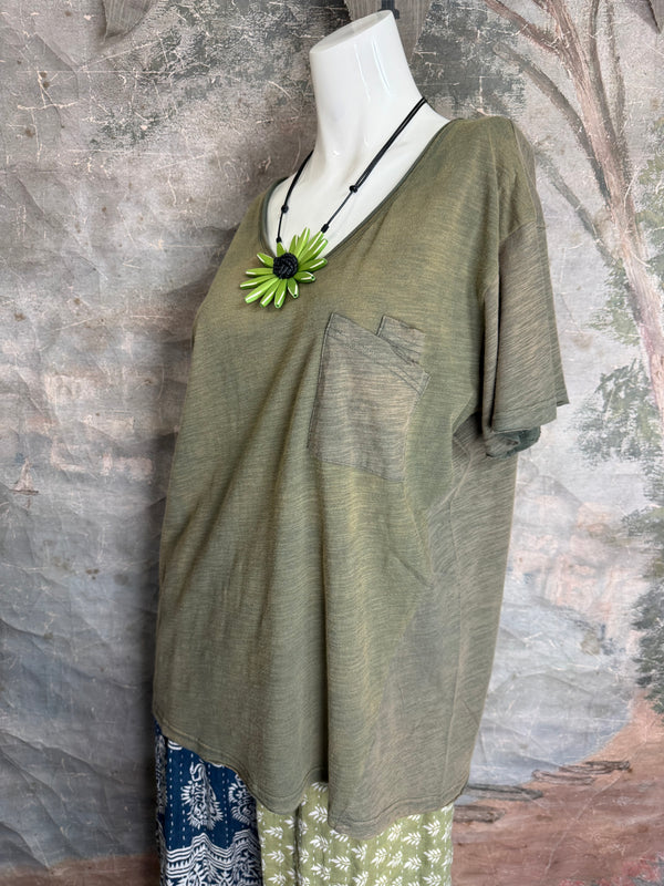 JG- Moon Dance V-Neck Tee-Vintage Moss