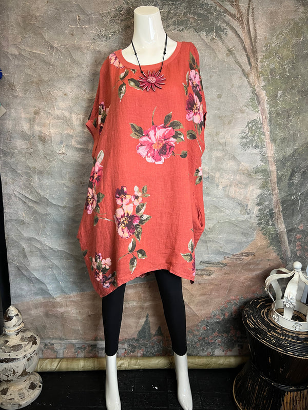 5202 Rosabella Floral Top/Dress-Burnt Red
