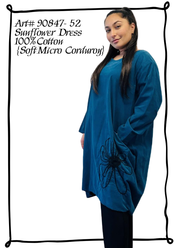 90847 Corduroy Sunflower Dress-Teal