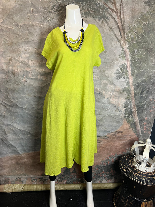30638 Linen V-neck Flare Dress-Moss Green
