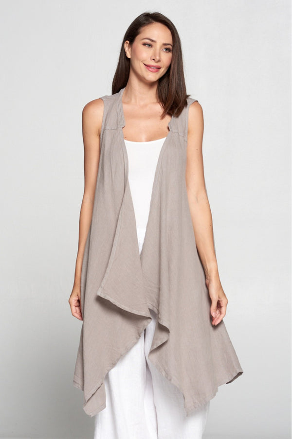 Long black sleeveless open front duster vest styled with graphic tee, gingham pants, and black beaded necklace on hanger - 12