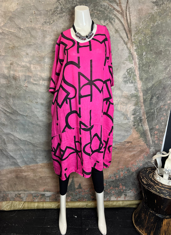 91470 S/Slv Tunic Letter Dress-Fuchsia Pink