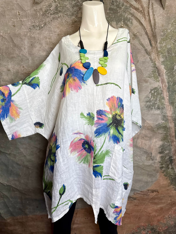 91225 Flower Garden Linen Top-White