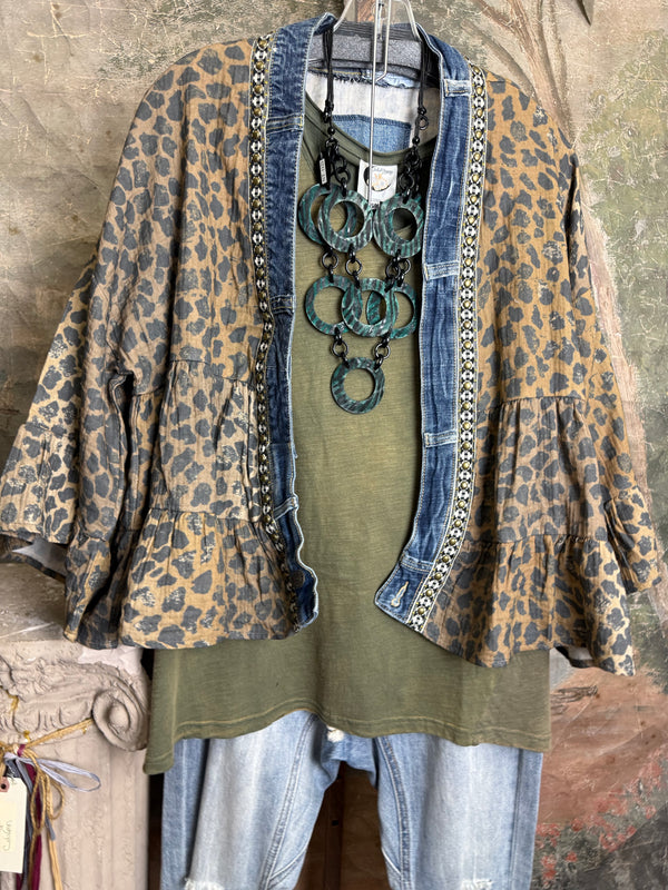 Leopard print Juno Cardigan with denim trim over olive tee and distressed jeans with turquoise ring necklace - 5