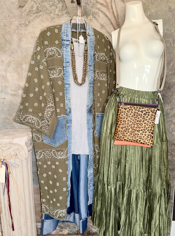 Olive bandana paisley print long kimono cardigan with light blue denim trim and front patch pockets - 14