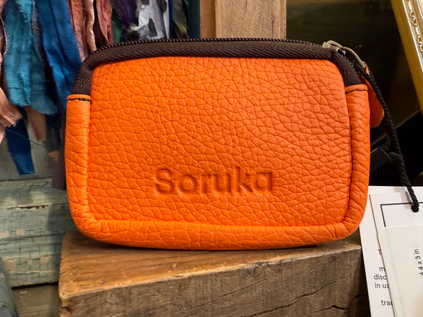 Orange leather coin pouch with leopard print calf hair panel and zip closure, KAI 81004 boutique accessory - 2