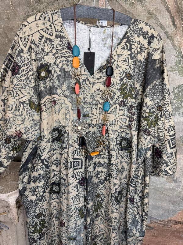 Grey combo floral batik print maxi dress with colorful beaded necklace displayed on hanger, boho boutique style DYM62523 - 4