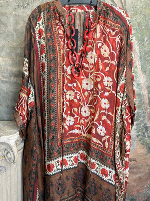 DYM287 Bohemian floral block print poet maxi dress in rust red and brown with chain necklace accent - 5