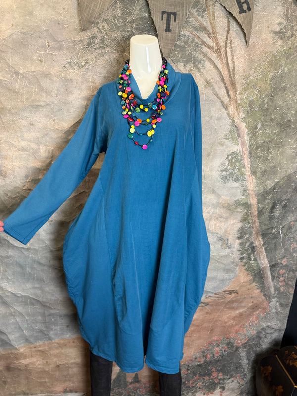 6512AU Cowlneck Bubble Dress-TEAL